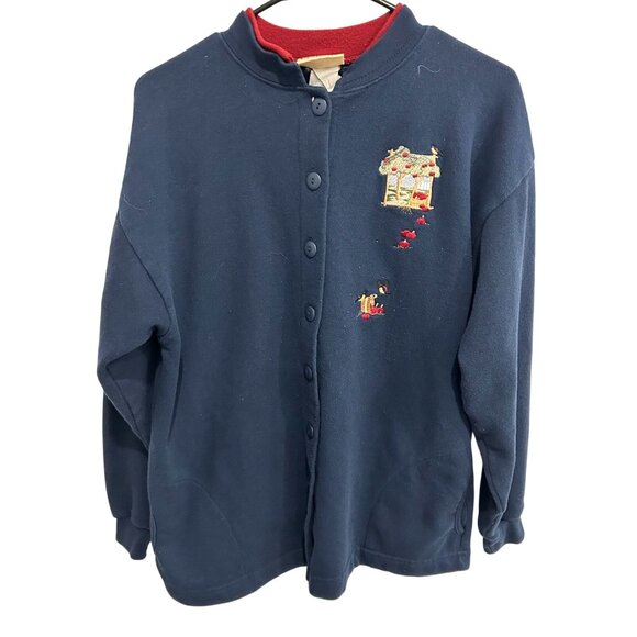Vintage Top Stitch Navy Cardigan Sweater Embroidered Apple Orchard Sz M Grandma - Picture 1 of 10